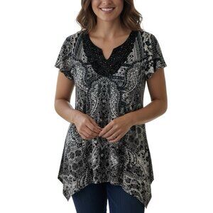 One World Tunic Top Blouse Size XS Hi Low Rhinestones Macrame Yoke Liquid Knit